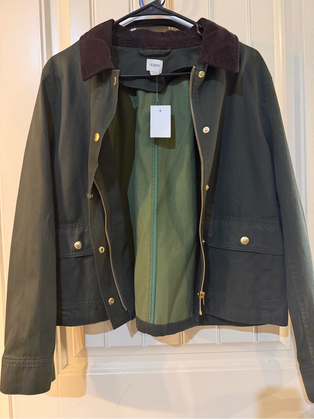 J. Crew Olive Green Jacket with Brown Corduroy Collar